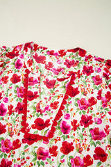 Red Floral Puff Sleeve Tiered Ric Rac Pocketed Mini Dress Floral Dresses JT's Designer Fashion