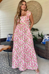 Pink Plus Size Ruffle Trim Square Neck High Waist Floral Maxi Dress Plus Size Maxi Dresses JT's Designer Fashion