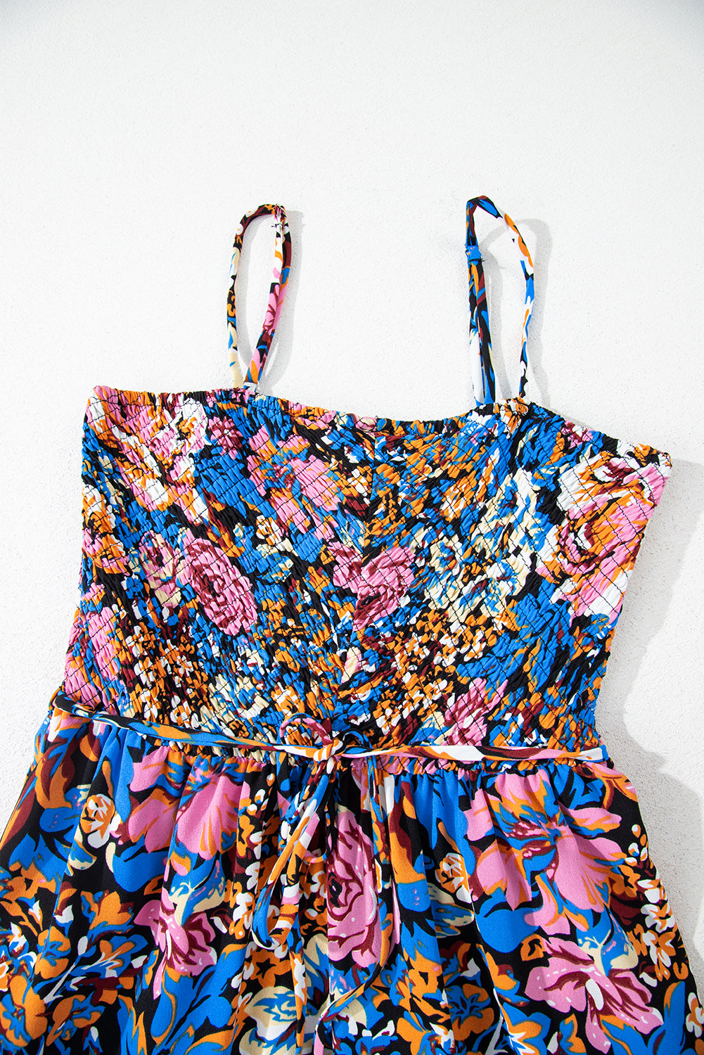 Pink Floral Smocked Bust Spaghetti Straps Wide Leg Jumpsuit Jumpsuits & Rompers JT's Designer Fashion