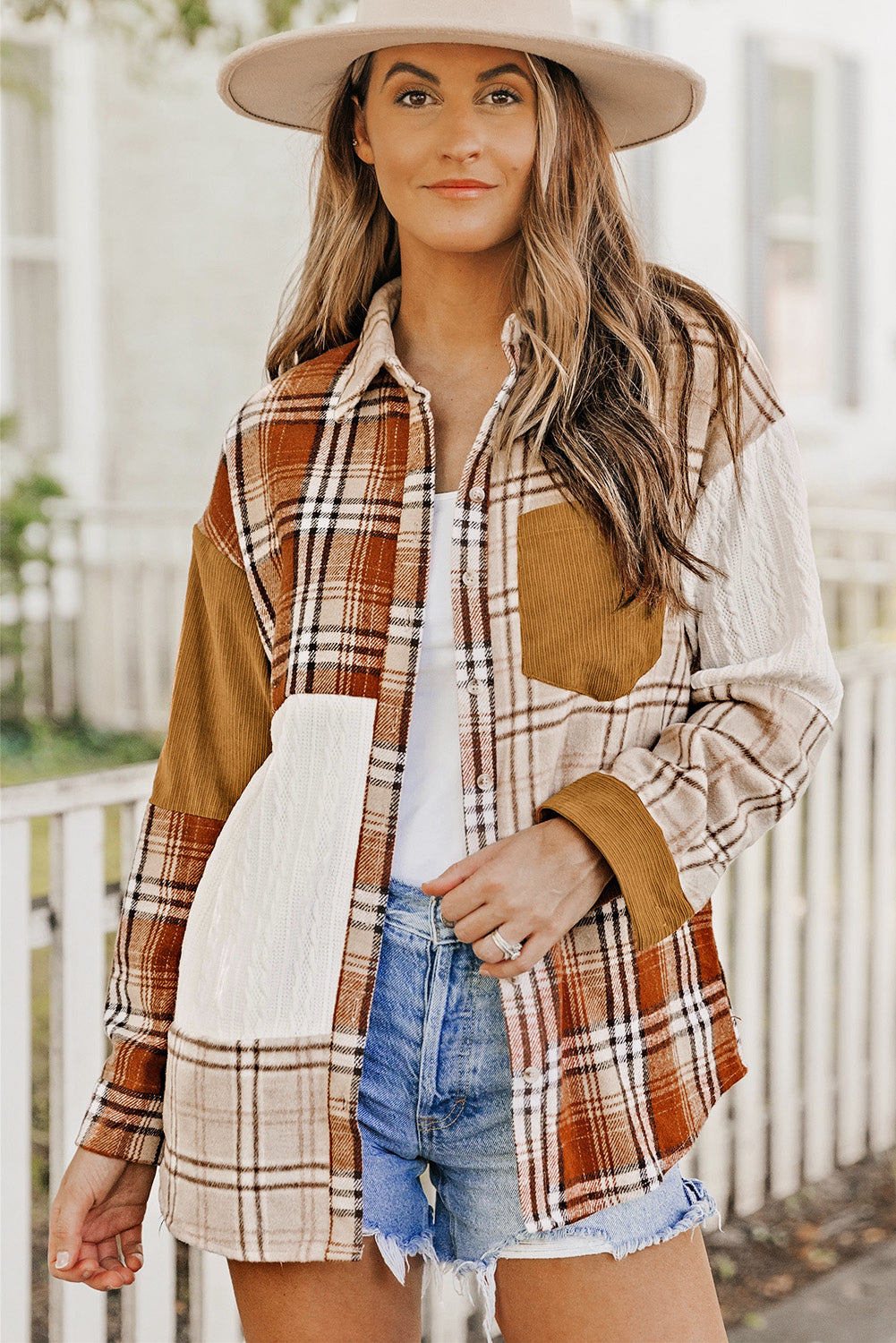 Orange Plaid Color Block Patchwork Shirt Jacket with Pocket Plaid Shackets JT's Designer Fashion