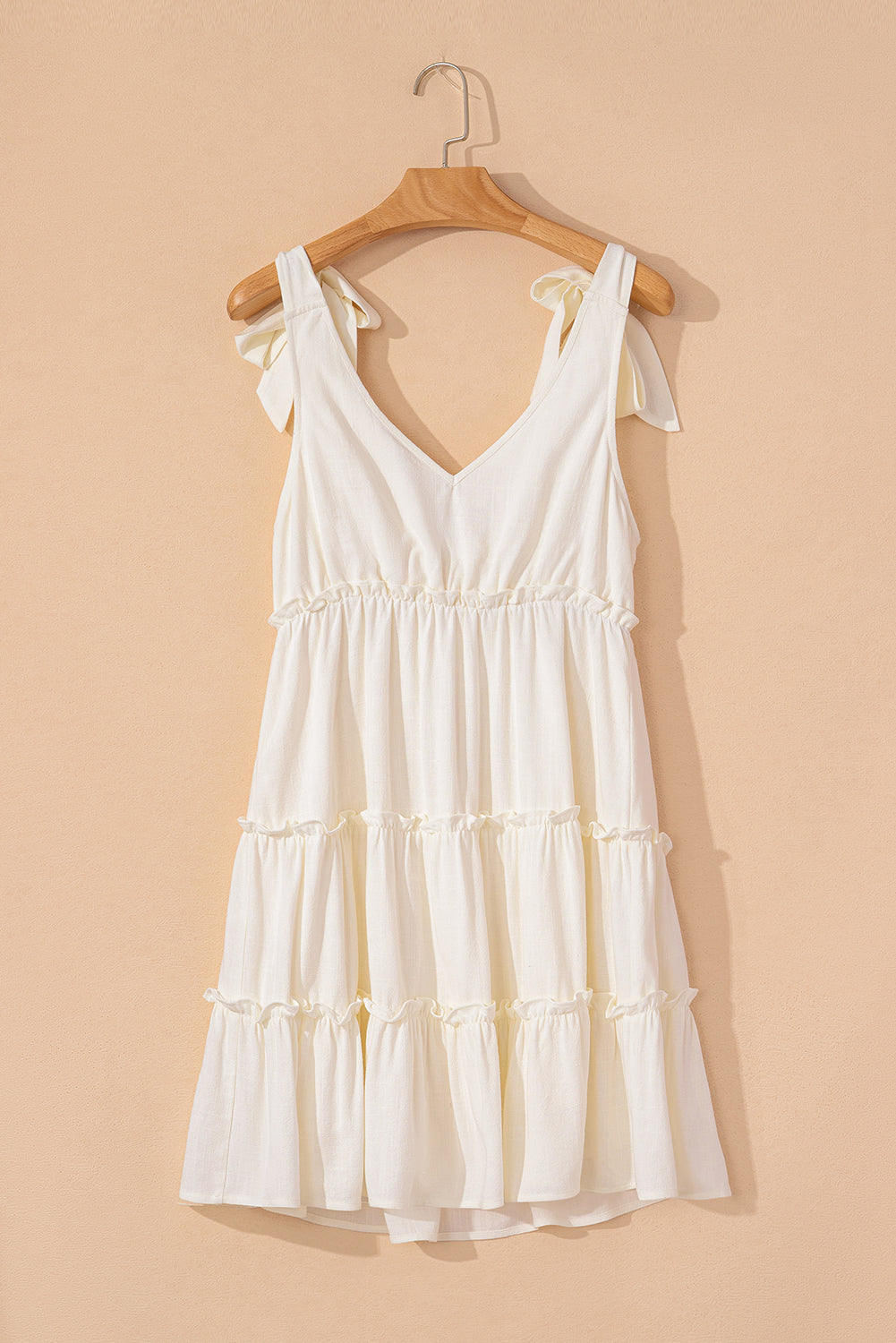 Oatmeal Solid Color Tied Straps Ruffle Tiered Mini Dress Mini Dresses JT's Designer Fashion
