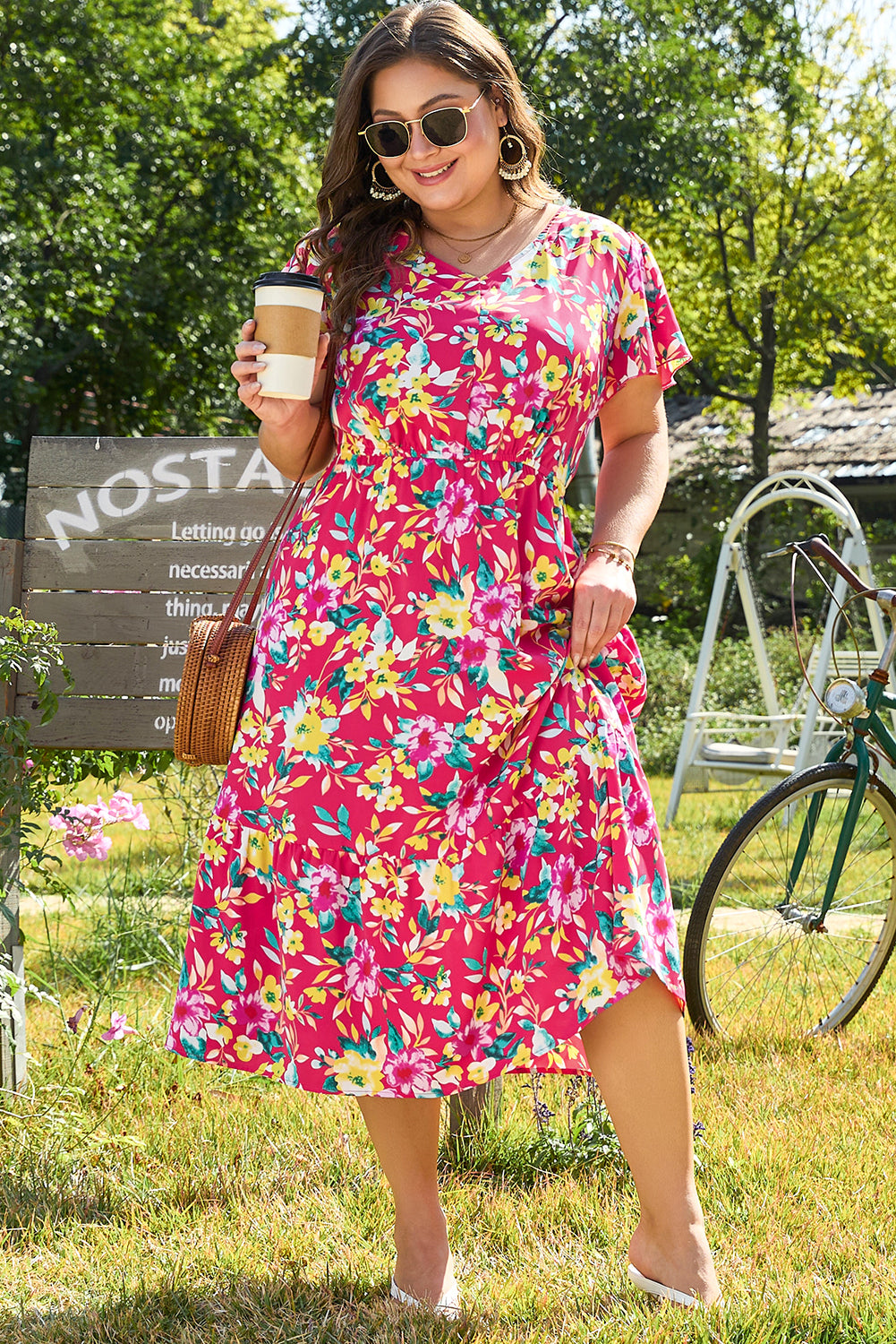 Pink Floral Print V Neck Pocketed High Waist Plus Size Midi Dress Pink 100%Polyester Plus Size Midi Dresses JT's Designer Fashion