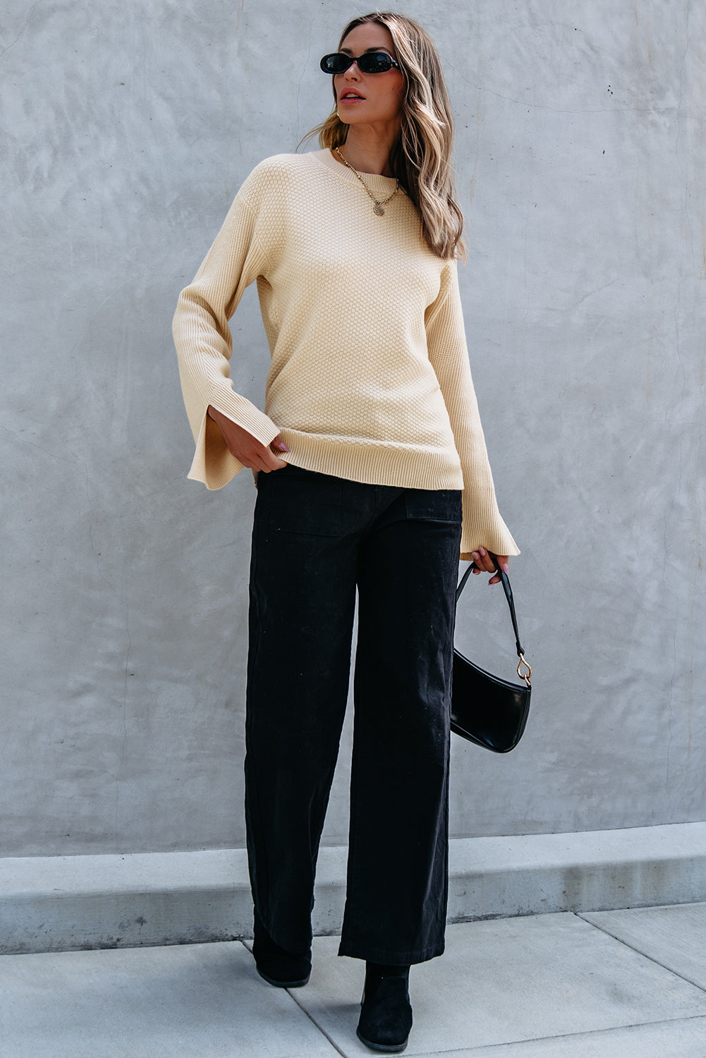 Parchment Solid Textured Knit Split Cuff Drop Shoulder Loose Sweater Sweaters JT's Designer Fashion