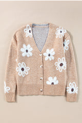 Smoke Gray Floral Print V Neck Knitted Button up Cardigan Cardigans JT's Designer Fashion