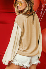Smoke Gray Textured Patchwork Crew Neck Puff Sleeves Top Long Sleeve Tops JT's Designer Fashion