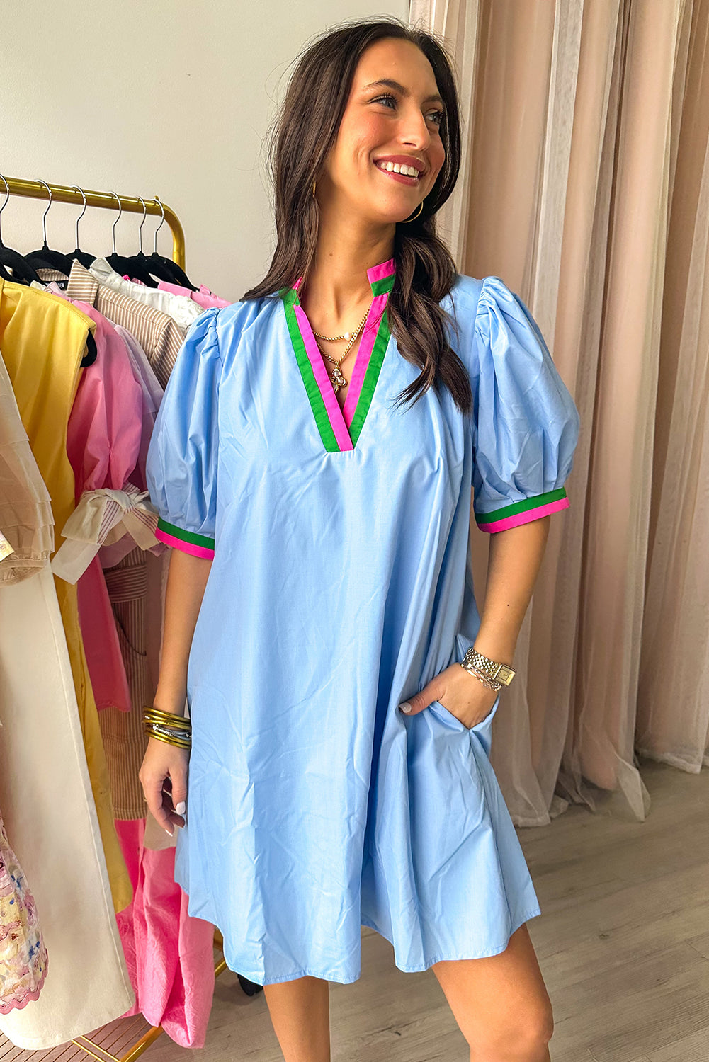 Myosotis Contrast Striped Notched V Neck Puff Sleeve Mini Dress Dresses JT's Designer Fashion