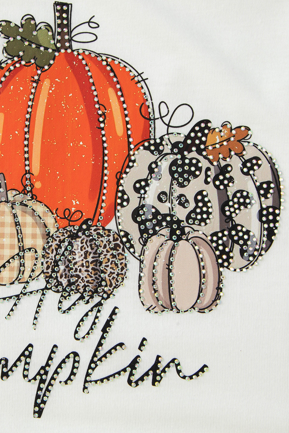 Beige Rhinestone Pumpkin Graphic Crewneck Thanksgiving Sweatshirt Graphic Sweatshirts JT's Designer Fashion