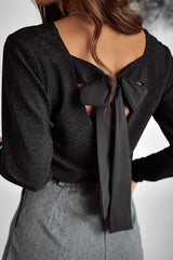 Black Metallic Bowknot Open Back V Neck Top Long Sleeve Tops JT's Designer Fashion
