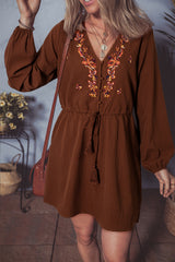 Burgundy Floral Embroidered Tassel Tie Waist Long Sleeve Mini Dress Burgundy 97%Polyester+3%Elastane Mini Dresses JT's Designer Fashion