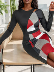 Cutout Color Block Round Neck Long Sleeve Dress Bodycon Dresses JT's Designer Fashion