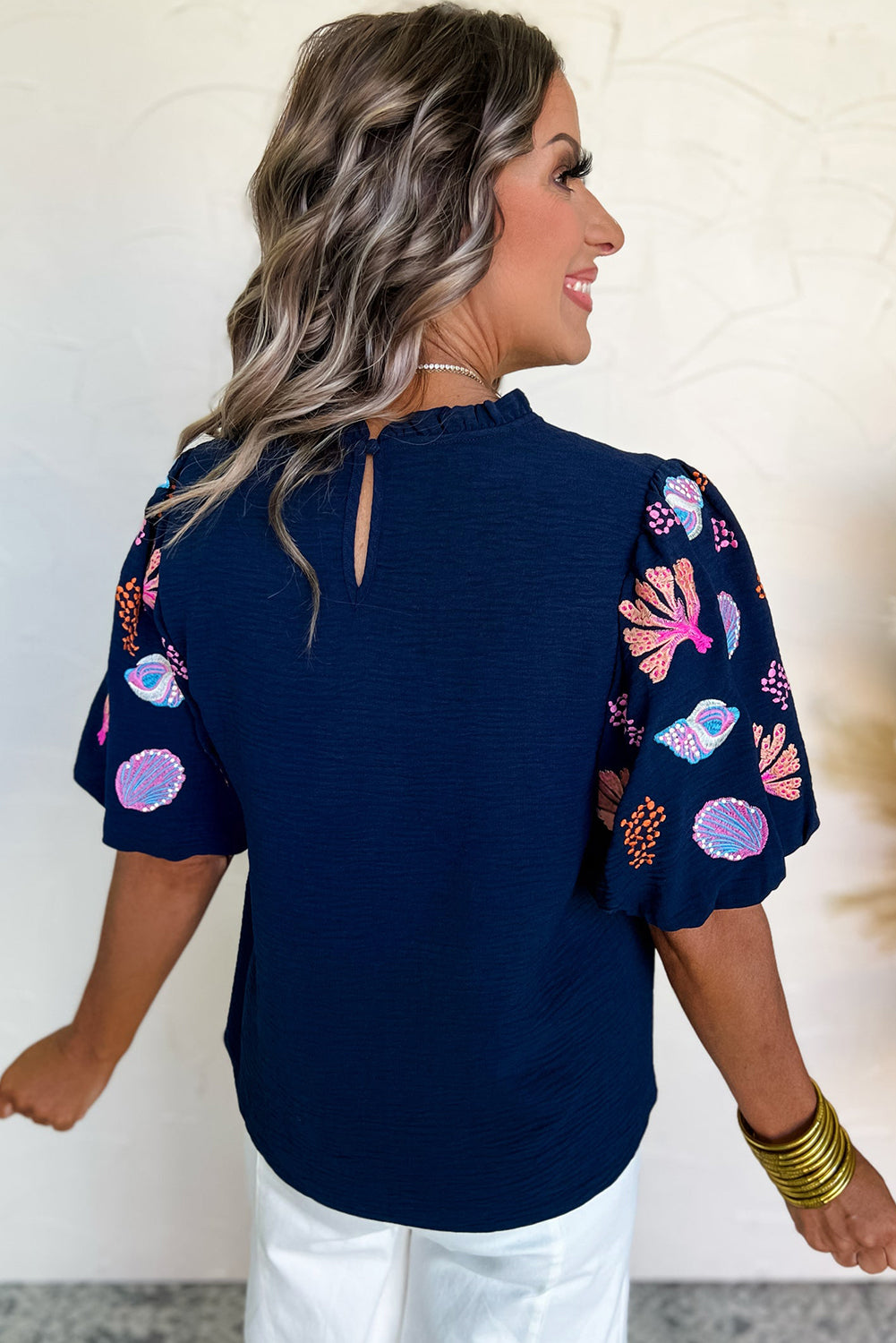 Sail Blue Shellfish Coral Embroidery Puff Sleeve Frilled Neck Blouse Blouses & Shirts JT's Designer Fashion