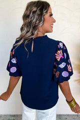 Sail Blue Shellfish Coral Embroidery Puff Sleeve Frilled Neck Blouse Blouses & Shirts JT's Designer Fashion