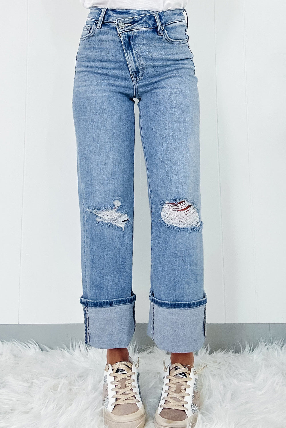 Dusk Blue High Rise Asymmetric Button Zip Fly Ripped Jeans Jeans JT's Designer Fashion