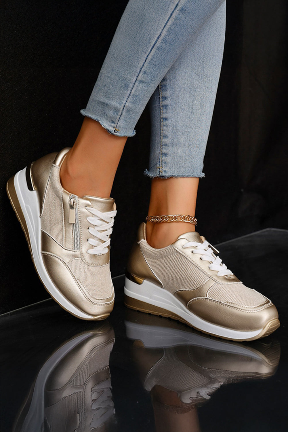 Gold PU Leather Patchwork Zipper Lace-up Sneakers Women's Shoes JT's Designer Fashion