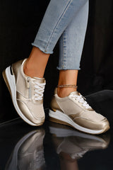 Gold PU Leather Patchwork Zipper Lace-up Sneakers Women's Shoes JT's Designer Fashion