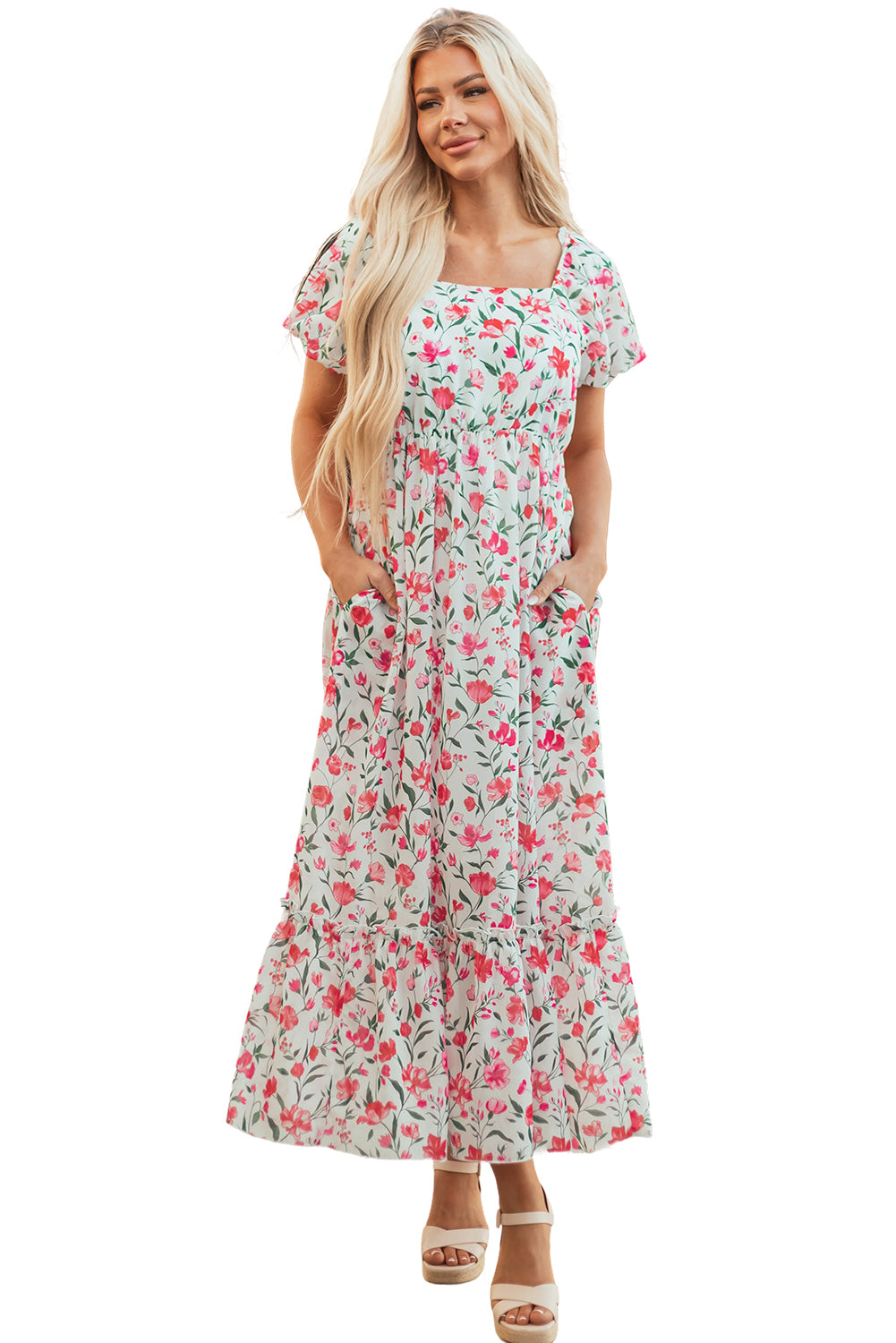 Pink Floral Puff Sleeve Square Neck Empire Waist Tiered Maxi Dress Floral Dresses JT's Designer Fashion