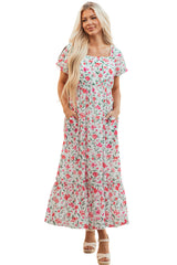 Pink Floral Puff Sleeve Square Neck Empire Waist Tiered Maxi Dress Floral Dresses JT's Designer Fashion