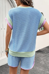 Beau Blue Corded Knit Contrast Trim Round Neck Cap Sleeve 2pcs Short Set Short Sets JT's Designer Fashion
