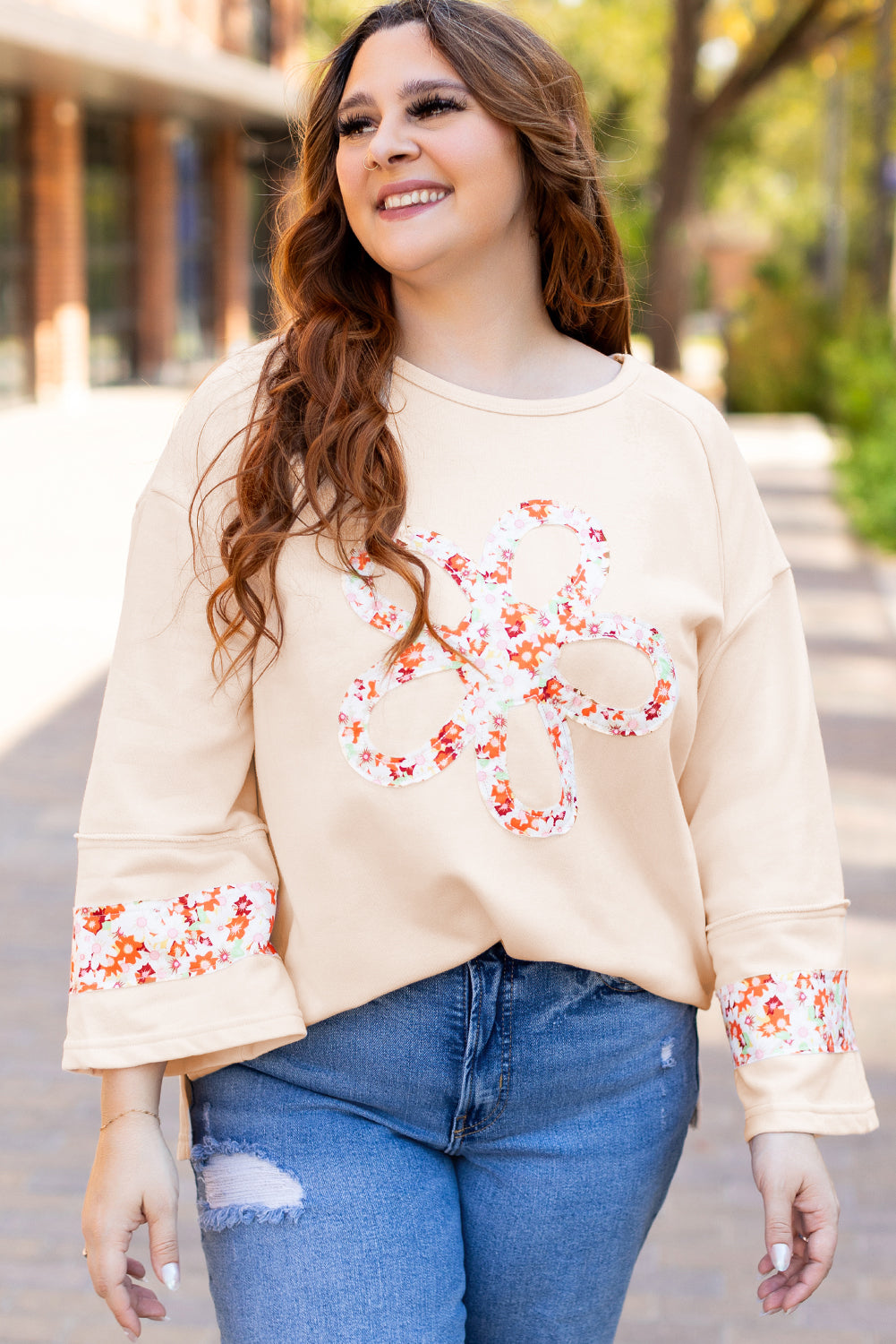 Beige Plus Size Flower Patched Side Slits Crewneck Top Plus Size Tops & Tees JT's Designer Fashion