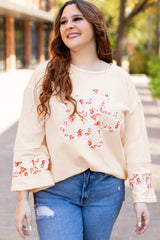 Beige Plus Size Flower Patched Side Slits Crewneck Top Beige 65%Polyester+35%Cotton Plus Size Tops & Tees JT's Designer Fashion