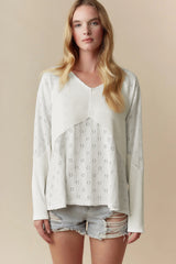 White Twisted Rib Patchwork Embroidered Loose V Neck Long Sleeve Top Blouses & Shirts JT's Designer Fashion
