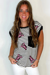 Black Stripe Sequined Lobster Patched Pocket Casual Tank Top Graphic Tees JT's Designer Fashion