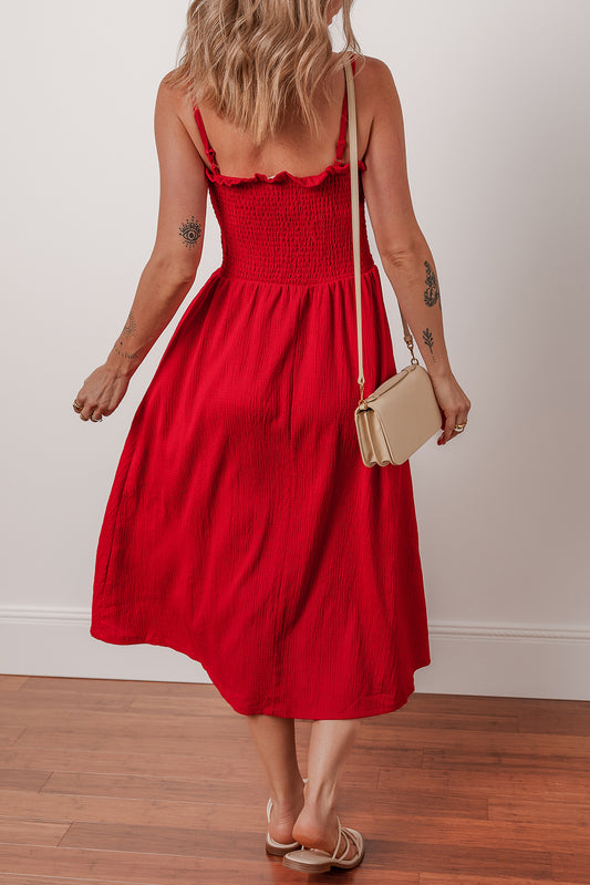 Racing Red Textured Shirred Ruffled Trim Spaghetti Strap Midi Dress Midi Dresses JT's Designer Fashion