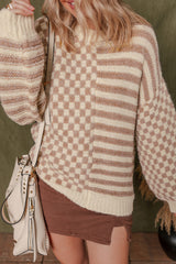 Khaki Stripe Checkerboard Drop Shoulder Balloon Sleeve Sweater Sweaters JT's Designer Fashion
