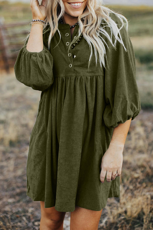 Vineyard Green Corduroy Snap Buttons Empire Waist Bracelet Sleeve Dress Mini Dresses JT's Designer Fashion