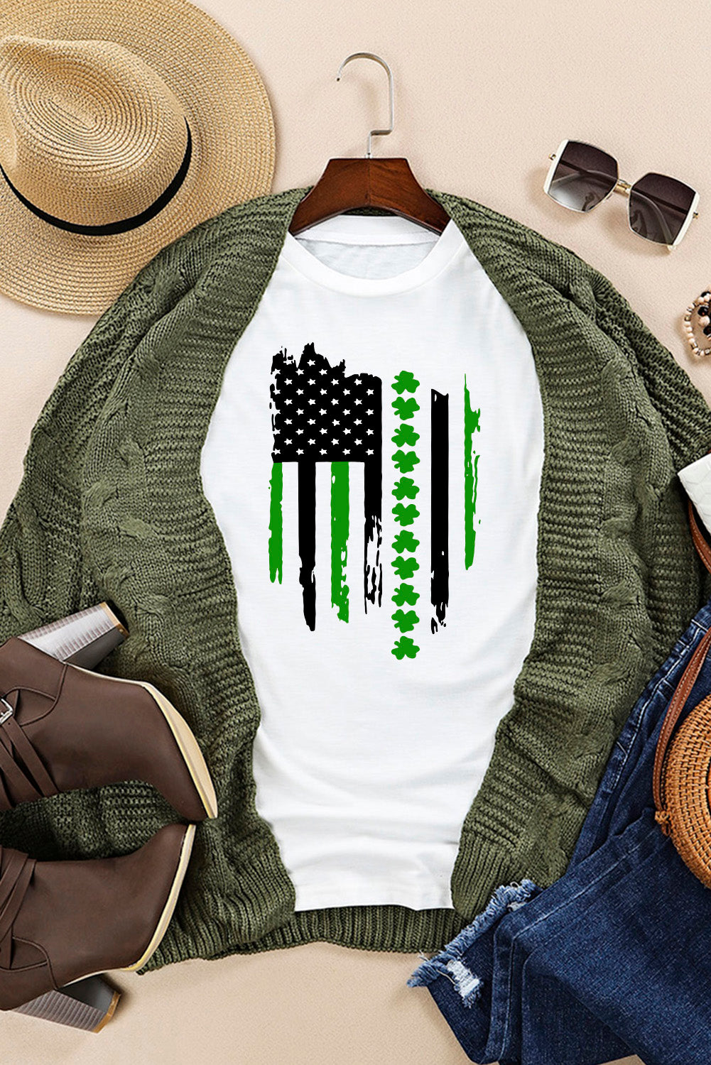 White St. Patricks Clover American Flag Print Crewneck Tee Graphic Tees JT's Designer Fashion