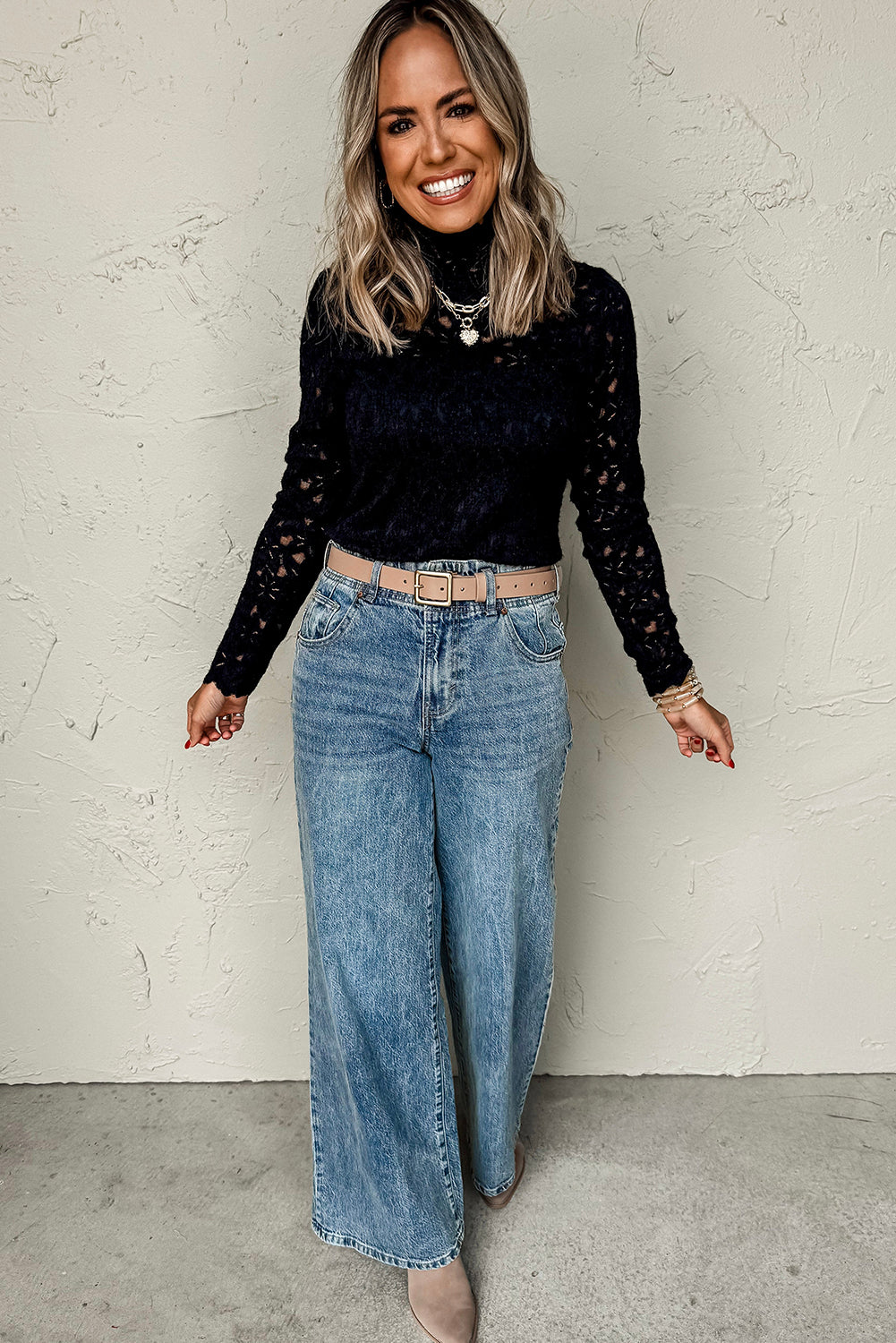Black Flower Lace See Through Mock Neck Long Sleeve Top Long Sleeve Tops JT's Designer Fashion