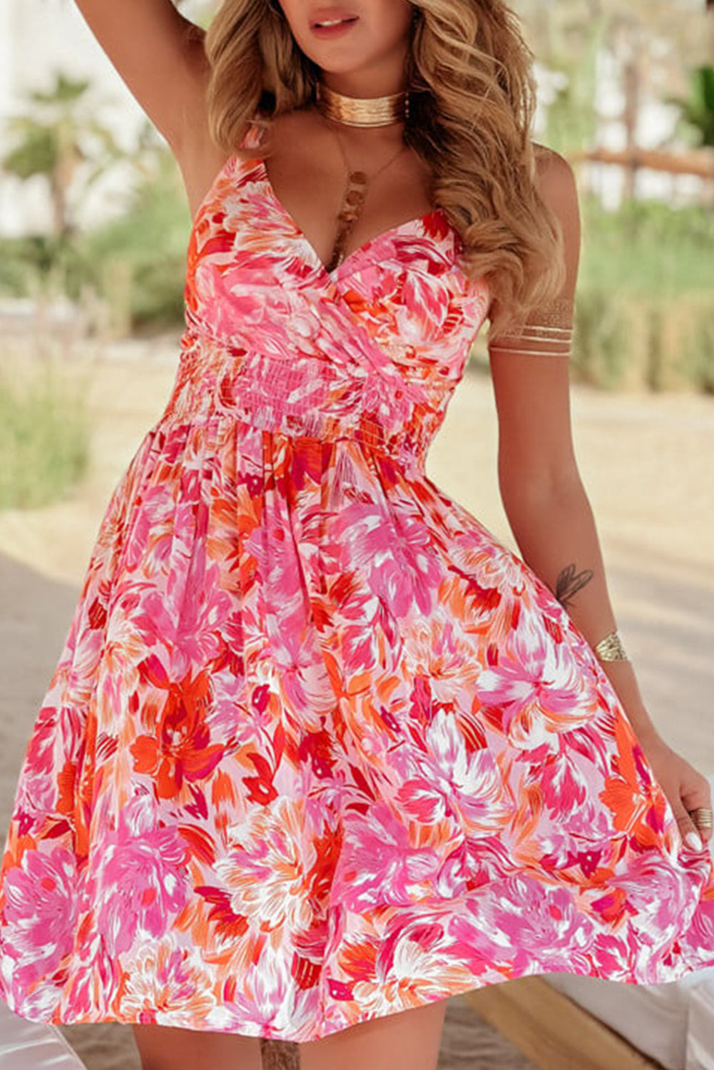 Red Floral Spaghetti Strap Surplice Neck Shirred Waist Mini Dress Red 100%Viscose Floral Dresses JT's Designer Fashion