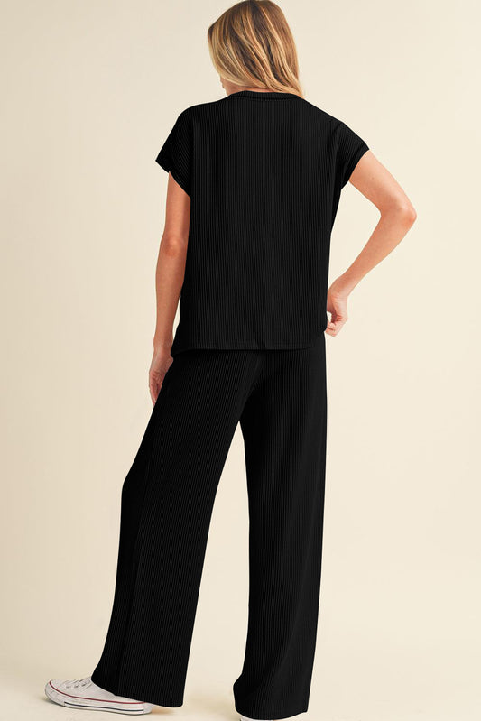 Black Solid Color Corded Short Sleeve Top and Casual Pants Set Pant Sets JT's Designer Fashion