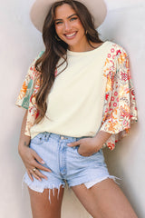 Beige Floral Patchwork Half Batwing Sleeve Blouse Blouses & Shirts JT's Designer Fashion