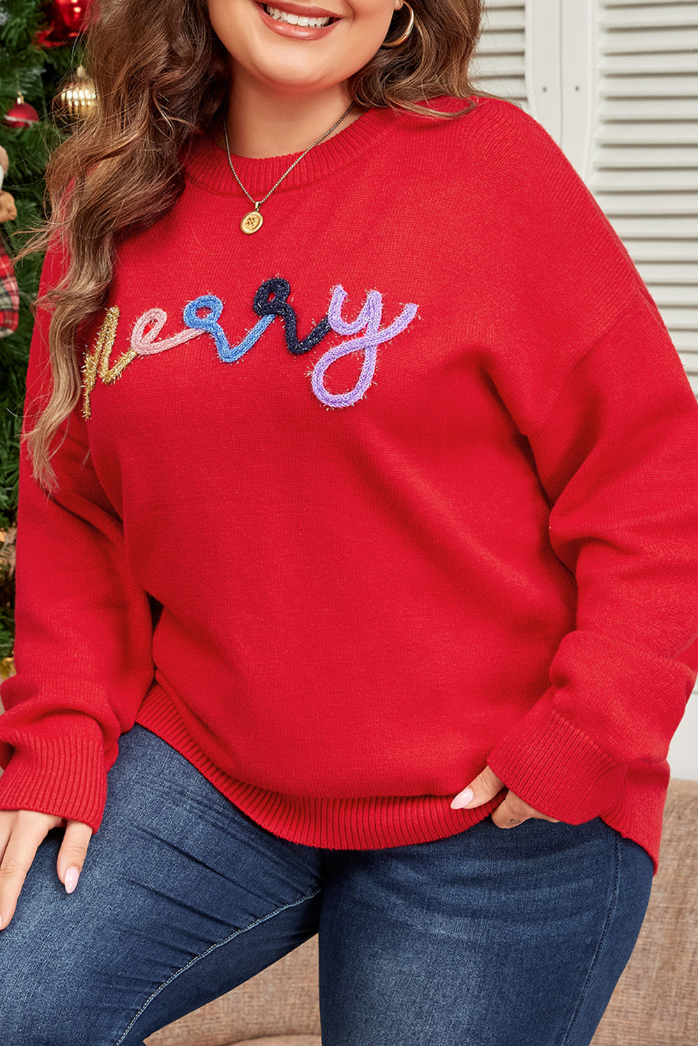 Fiery Red Tinsel merry Pattern Drop Shoulder Plus Size Sweater Plus Size Sweaters & Cardigans JT's Designer Fashion