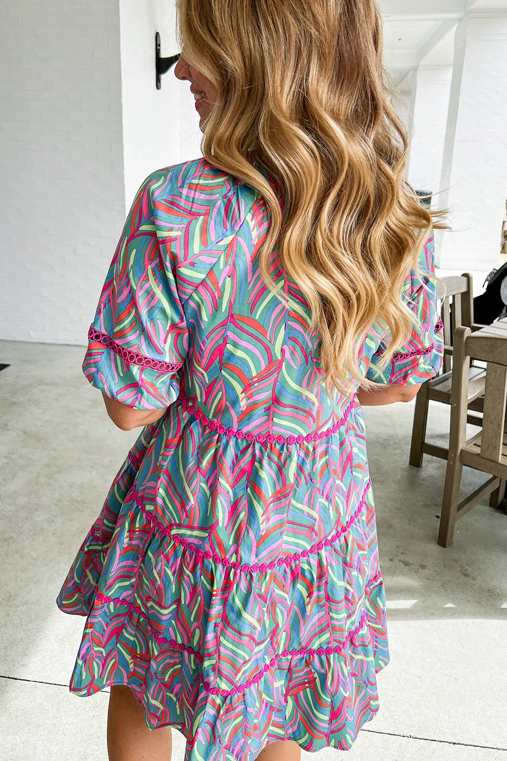 Light Blue Abstract Printed Lace Detail Split Neck A-line Dress Dresses JT's Designer Fashion