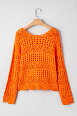 Carrot Solid Color Open Crochet Scallop Edge Sweater Sweaters JT's Designer Fashion
