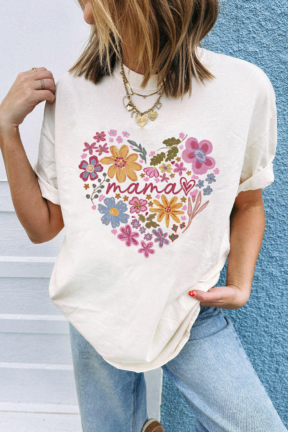 White MAMA Flower Heart Cotton Blend Graphic Tee Graphic Tees JT's Designer Fashion