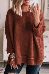 Gold Flame Solid Color Textured Crew Neck Loose Sweater Gold Flame 55%Acrylic+45%Cotton Sweaters JT's Designer Fashion