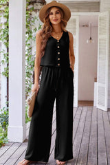 Black Buttoned Vest Drawstring Wide Leg Pants 2pcs Set Pant Sets JT's Designer Fashion