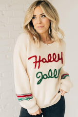 Beige Tinsel Holly Jolly Graphic Classic Sweater Sweaters JT's Designer Fashion