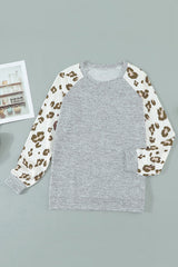 Gray Round Neck Leopard Long Sleeve Top Long Sleeve Tops JT's Designer Fashion