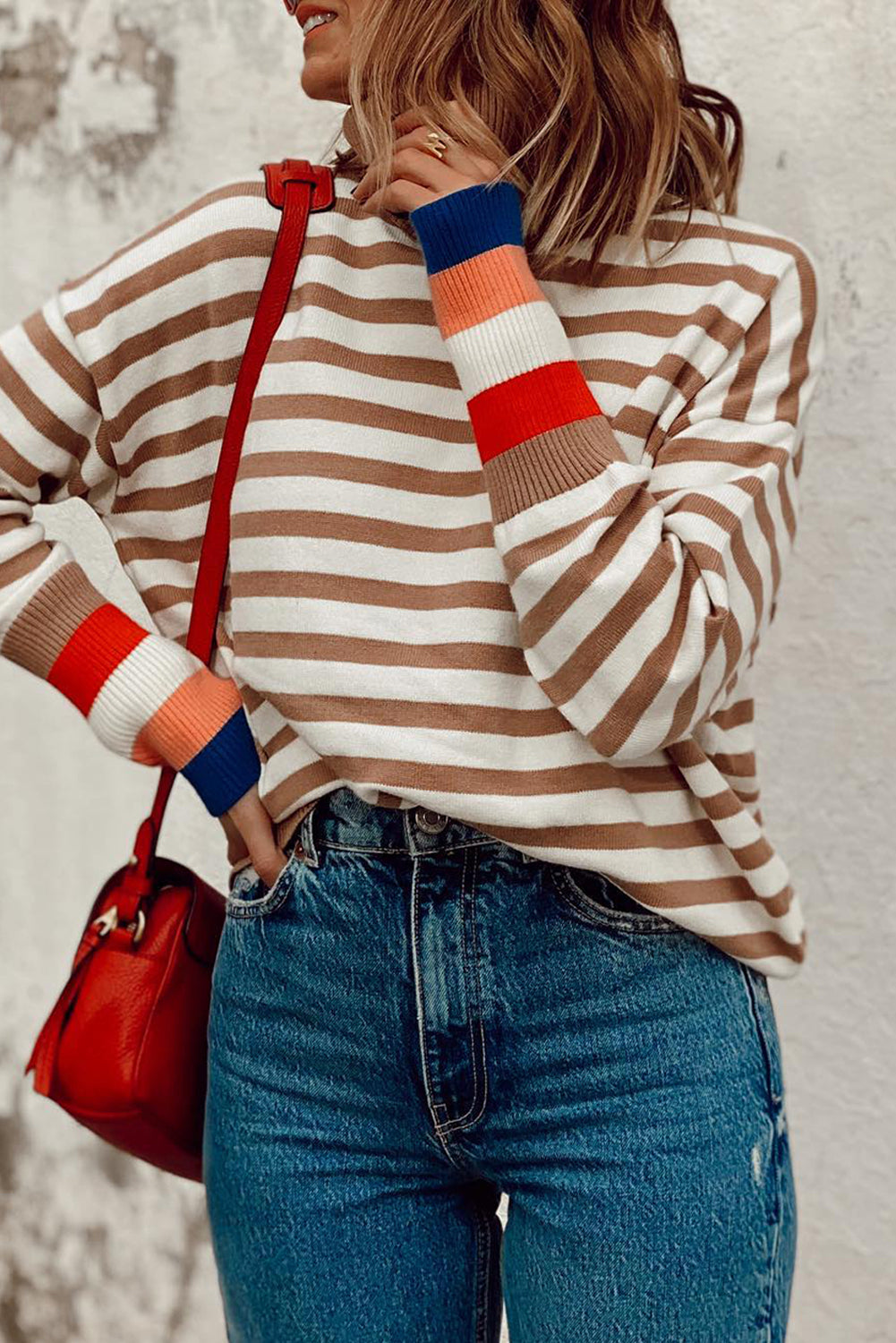 Brown Stripe Colorblock Bishop Sleeve Turtleneck Sweater Brown Stripe 50%Viscose+28%Polyester+22%Polyamide Sweaters JT's Designer Fashion