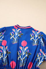 Sky Blue Floral Puff Short Sleeve V Neck High Waist Maxi Dress Floral Dresses JT's Designer Fashion
