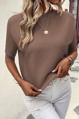 Coffee Round Neck Half Sleeve Ribbed Knit Top Sweaters & Cardigans JT's Designer Fashion