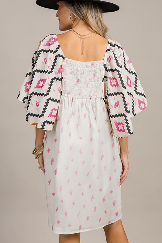 Pink Western Aztec Print Pleated Square Neck Loose Mini Dress Mini Dresses JT's Designer Fashion
