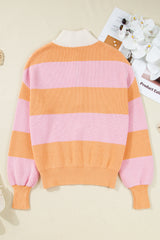 Orange Stripe Colorblock Half Zip Oversize Sweater Sweaters JT's Designer Fashion
