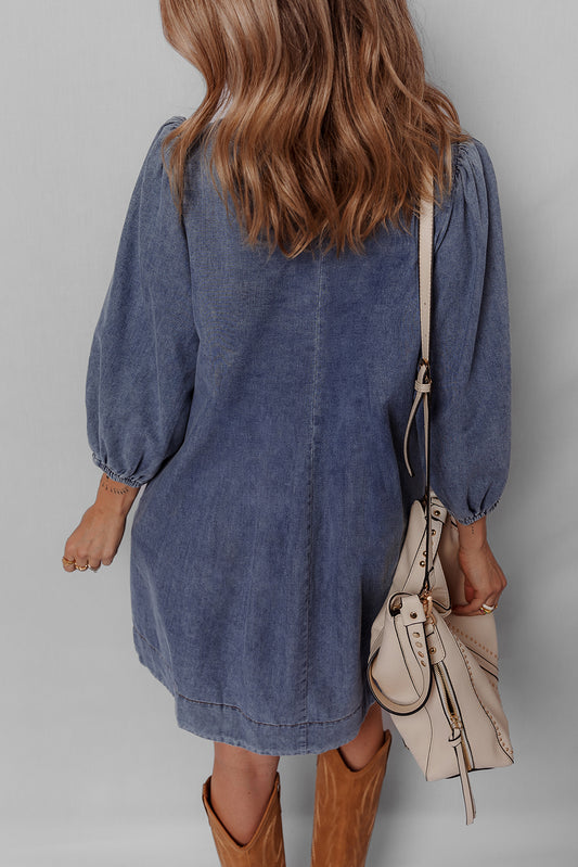 Sail Blue 3/4 Sleeve Tied V Neck Pleated Denim Mini Dress JT's Designer Fashion