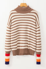 Brown Stripe Colorblock Bishop Sleeve Turtleneck Sweater Sweaters JT's Designer Fashion