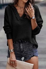 Black V Neck Ribbed Drop Shoulder Hooded Sweater Sweaters & Cardigans JT's Designer Fashion
